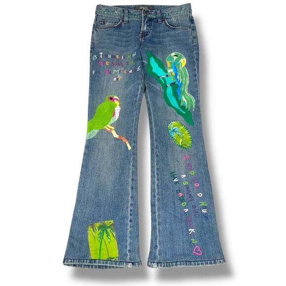 Switch USA Jeans Women’s 27 Blue Denim Parrot Bird Embroidered Pockets Flare Leg - Picture 1 of 12